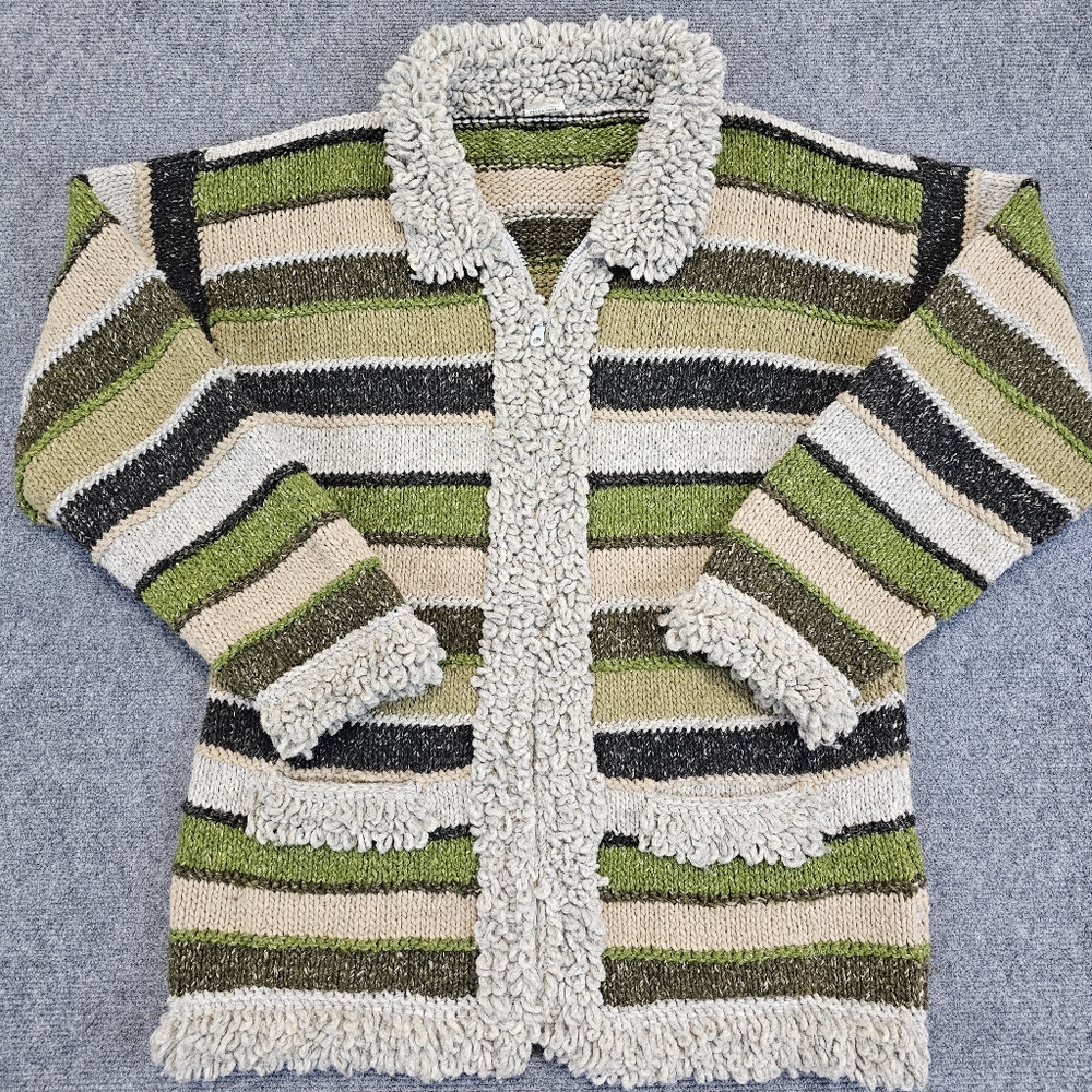 VTG Artesanias Wool Blend Full Zip Sweater Womens XL Ecuador Crochet Green Gray